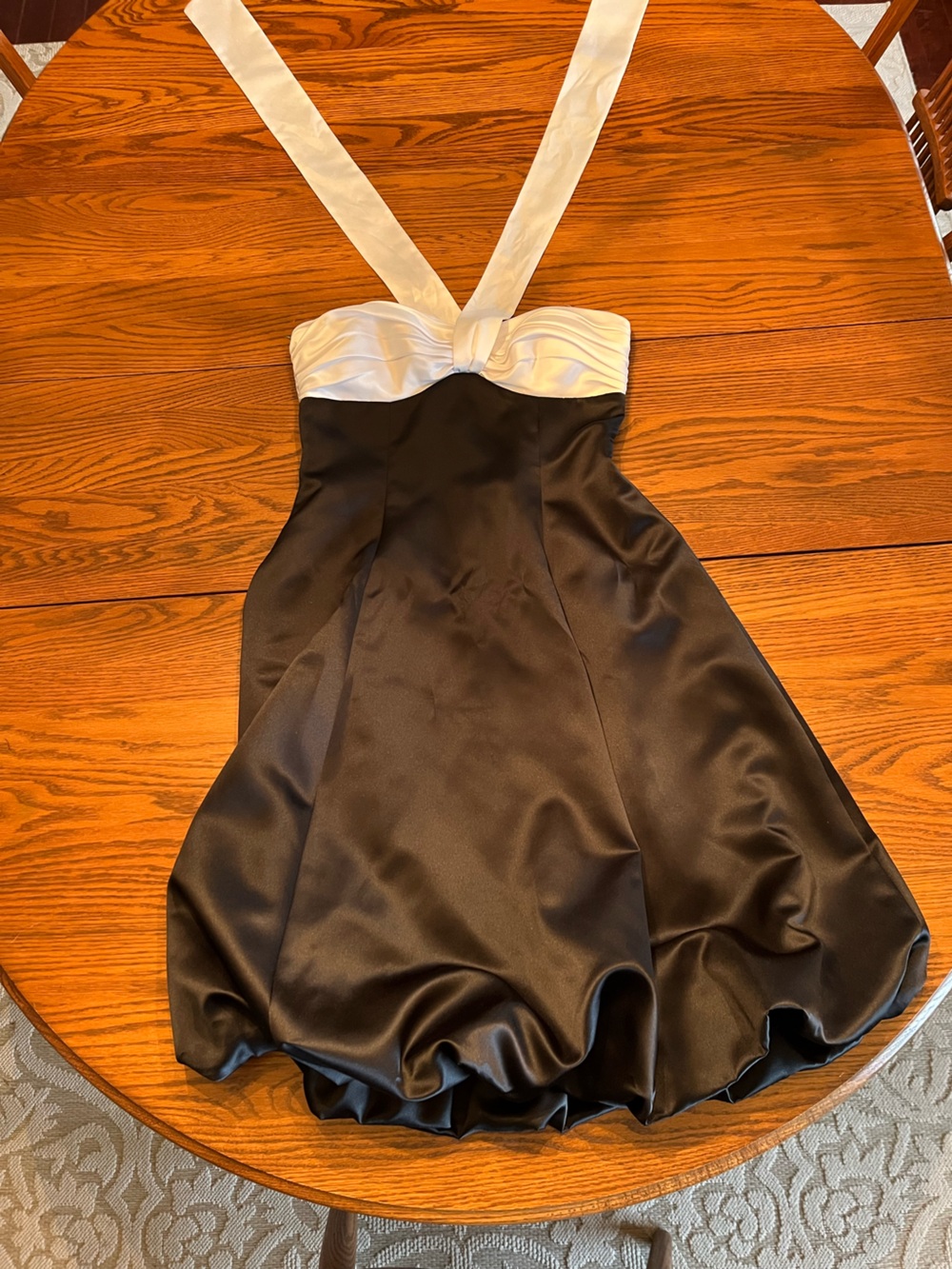 Black & White Satin Dress with White Satin Tied around Neck